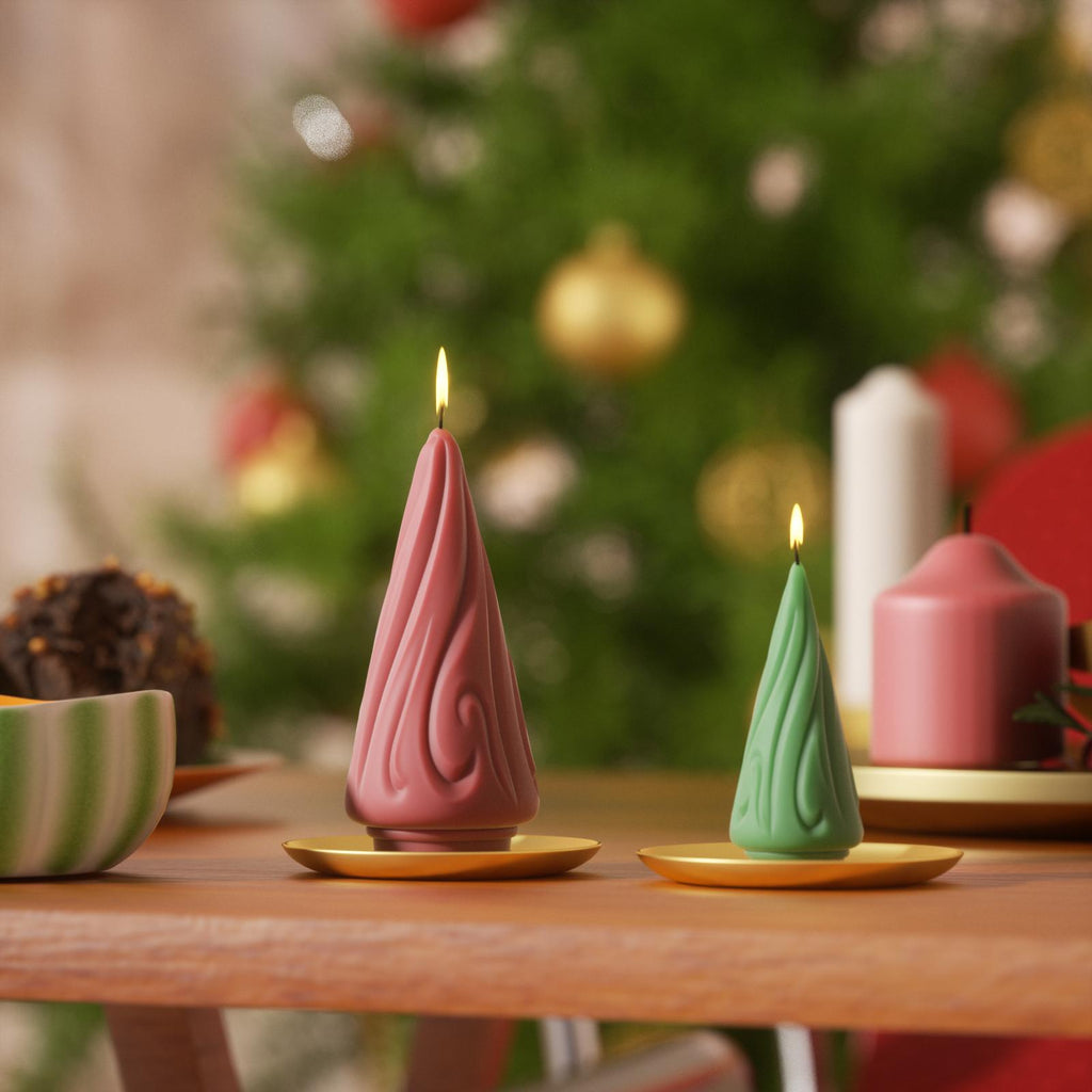 Flowing Christmas tree candles in different colors, large,small, placed on the tray on the dining table--Boowan Nicole