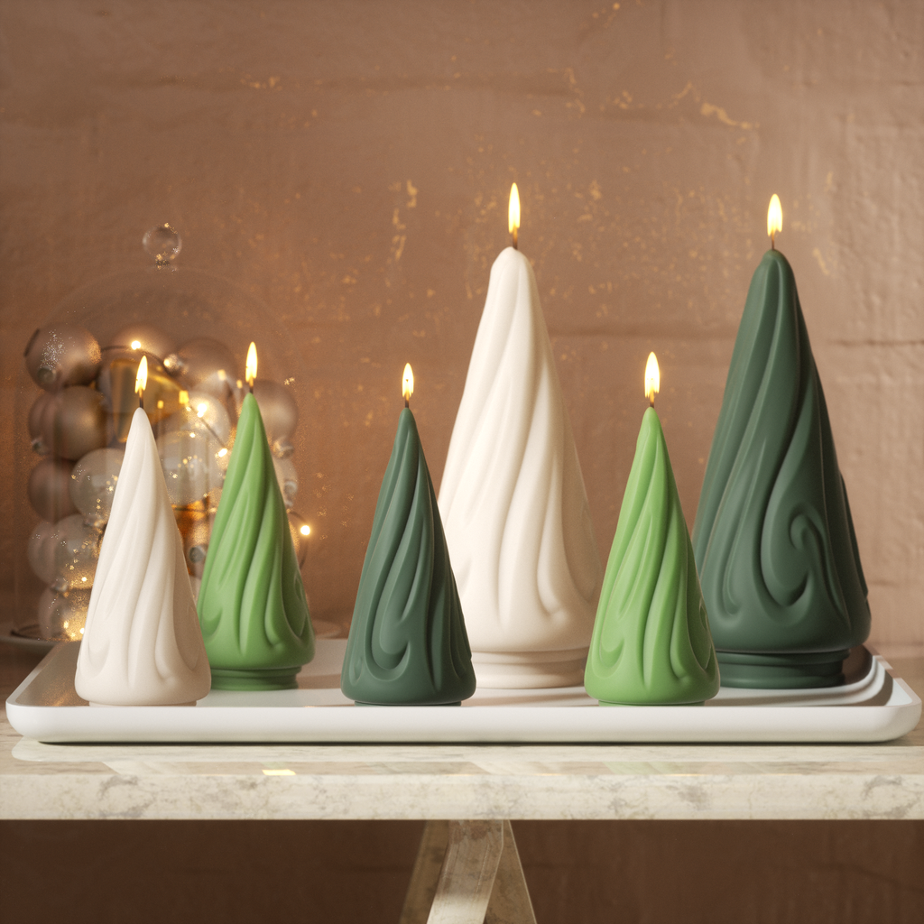 Flowing Christmas tree candles, varying in size and color, placed on a tray in the entryway -- Boowan Nicole