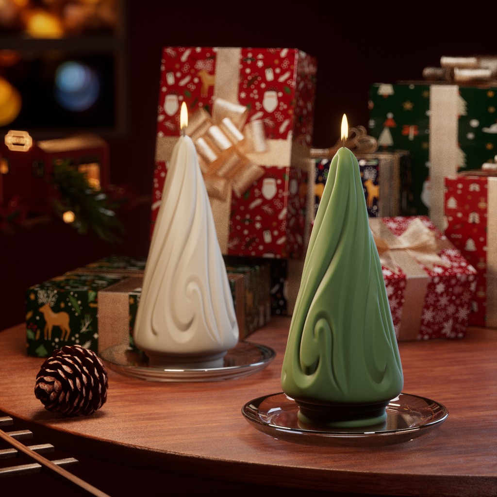  Green 8-inch Flower Christmas tree candle placed on a glass tray along with gifts, perfect for giving to family and friends -- Boowan Nicole