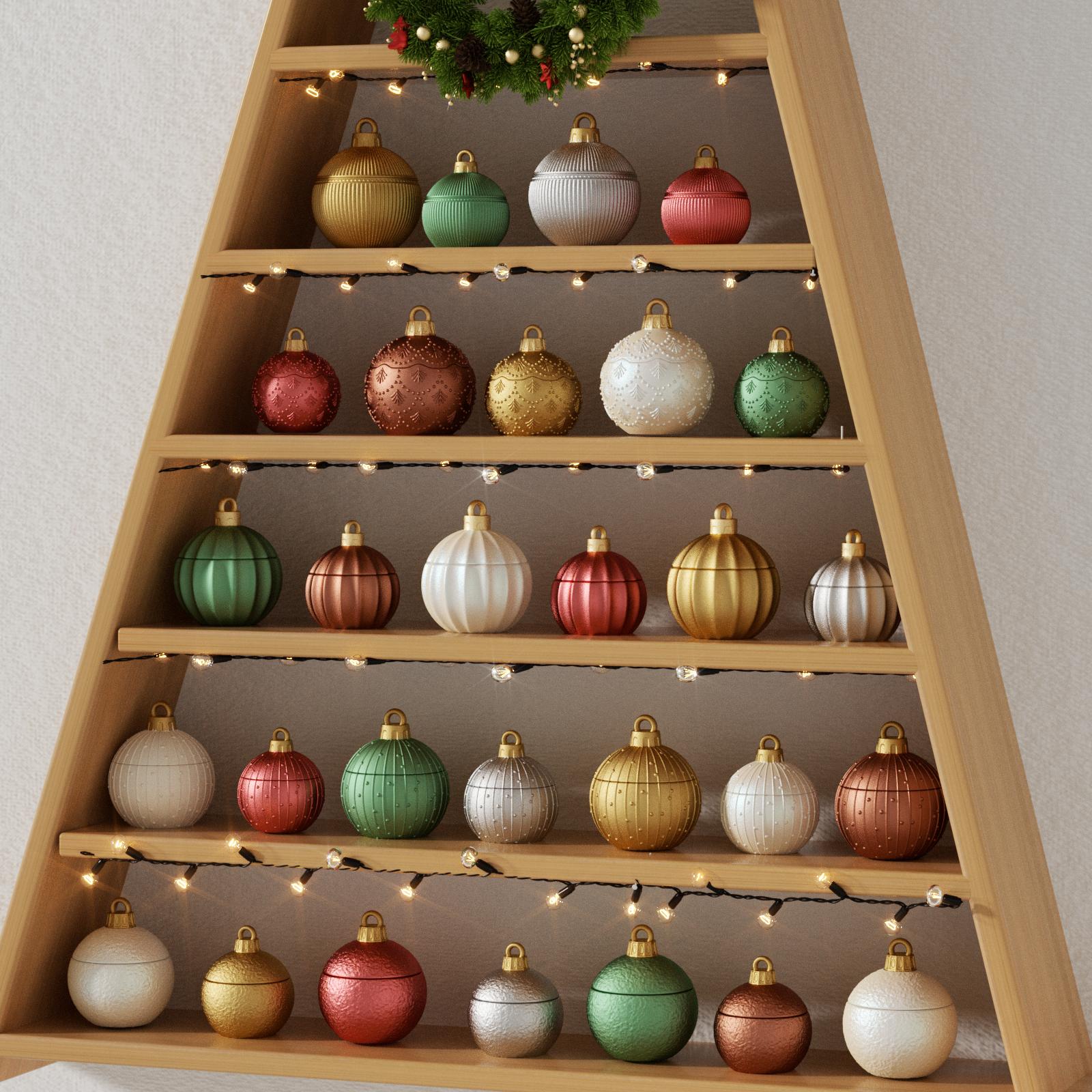 Colorful Christmas bauble candle jars displayed on a wooden tree-shaped shelf with festive string lights and holiday wreath - Boowan Nicole