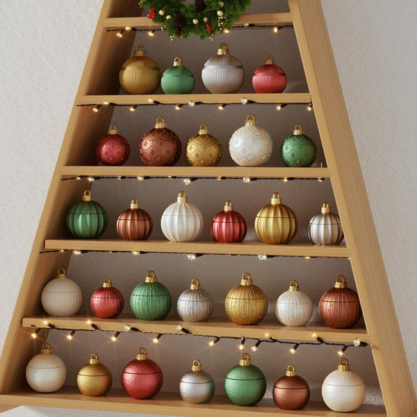 Colorful Christmas bauble candle jars displayed on a wooden tree-shaped shelf with festive string lights and holiday wreath - Boowan Nicole