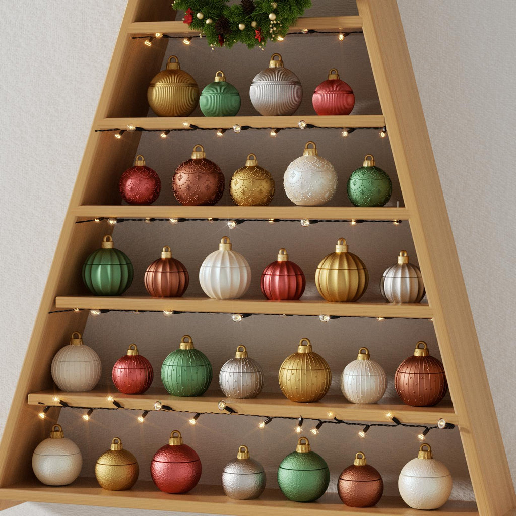 Colorful Christmas bauble candle jars displayed on a wooden tree-shaped shelf with festive string lights and holiday wreath - Boowan Nicole