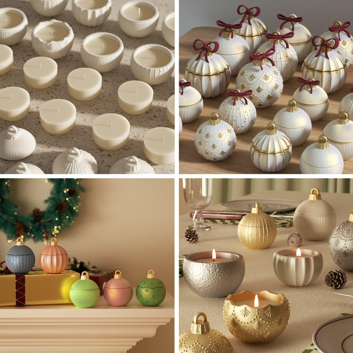 Assorted Christmas bauble candle jars in white, gold, and colorful finishes, displayed in sets for DIY crafts, festive décor, and holiday table setting - Boowan Nicole