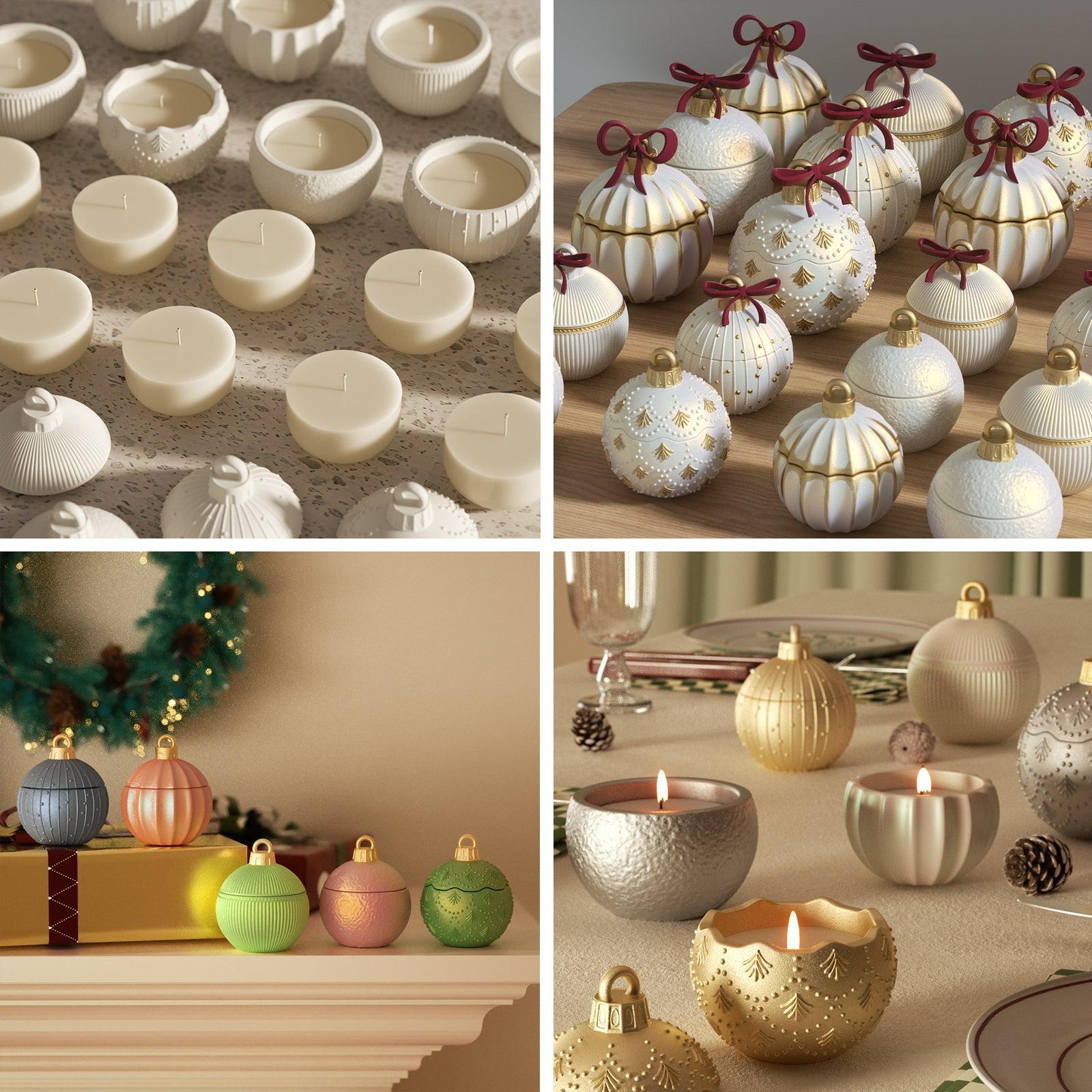 Assorted Christmas bauble candle jars in white, gold, and colorful finishes, displayed in sets for DIY crafts, festive décor, and holiday table setting - Boowan Nicole
