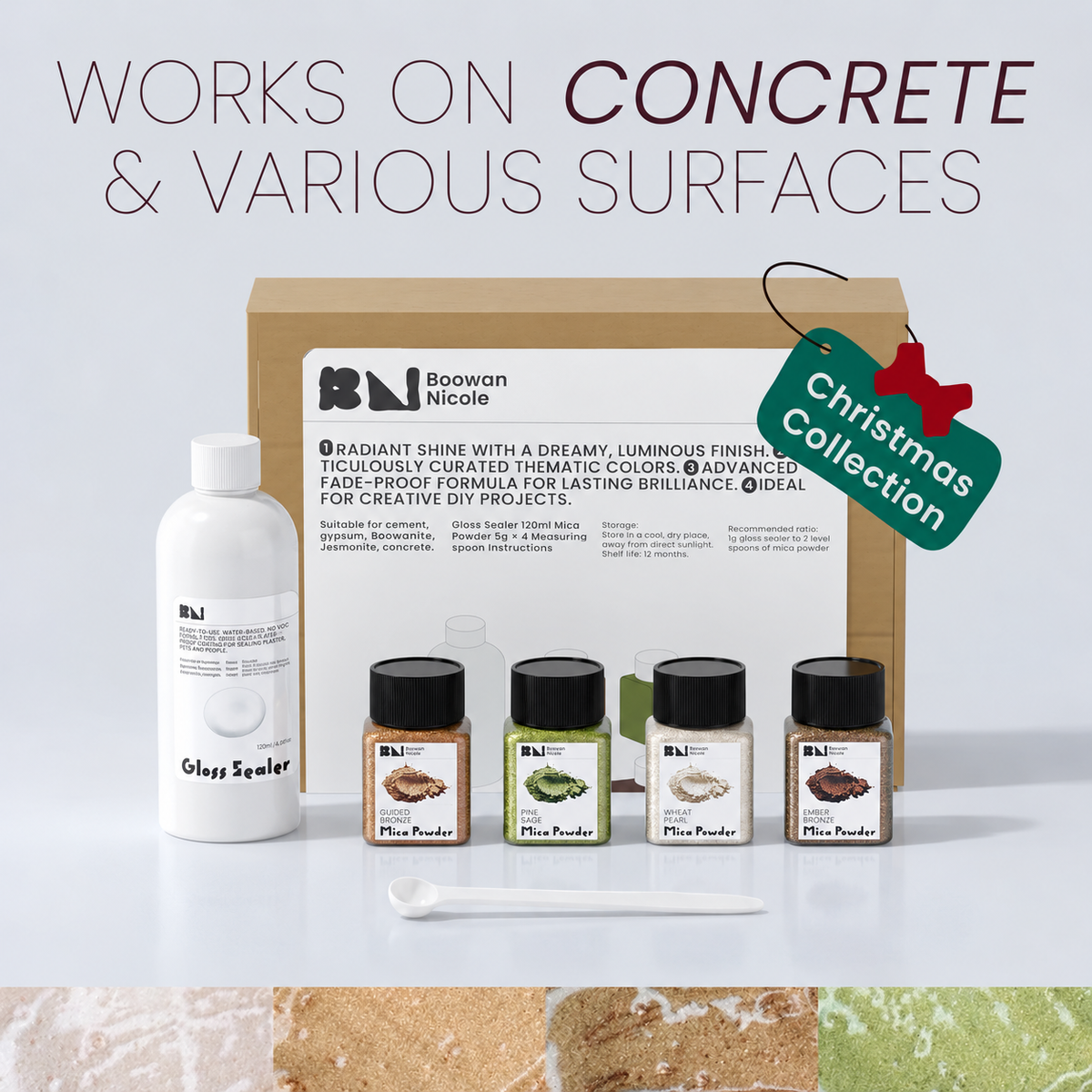Christmas Collection gloss sealer kit with 4 Christmas Forest mica powders (Gilded Bronze, Pine Sage, Wheat Pearl, Ember Bronze), gloss sealer bottle and measuring spoon, works on concrete and various surfaces - Boowan Nicole
