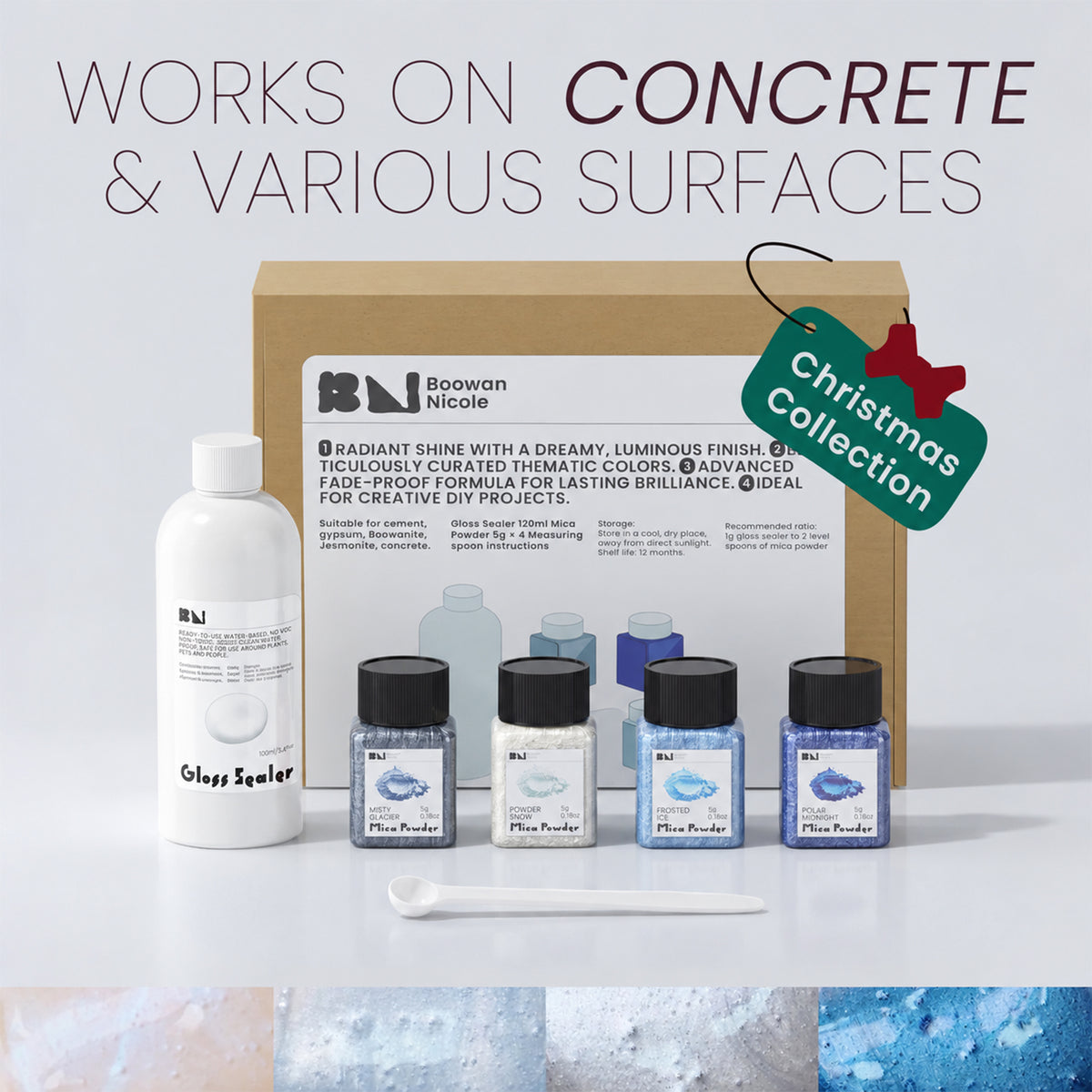 Christmas Collection gloss sealer kit with 4 Crystal Forest mica powders (Misty Glacier, Powder Snow, Frosted Ice, Polar Midnight), gloss sealer bottle and measuring spoon, works on concrete and various surfaces - Boowan Nicole
