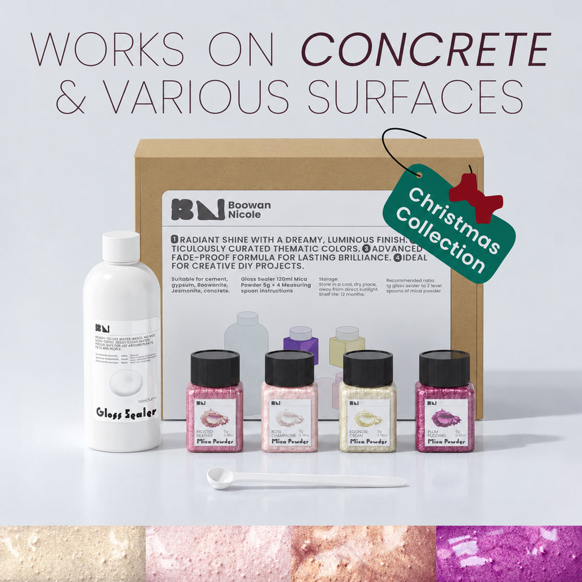 Christmas Collection gloss sealer kit with 4 Rosy Winter mica powders (Frosted Heather, Rose Champagne, Eggnog Cream, Plum Pudding), gloss sealer bottle and measuring spoon, works on concrete and various surfaces - Boowan Nicole