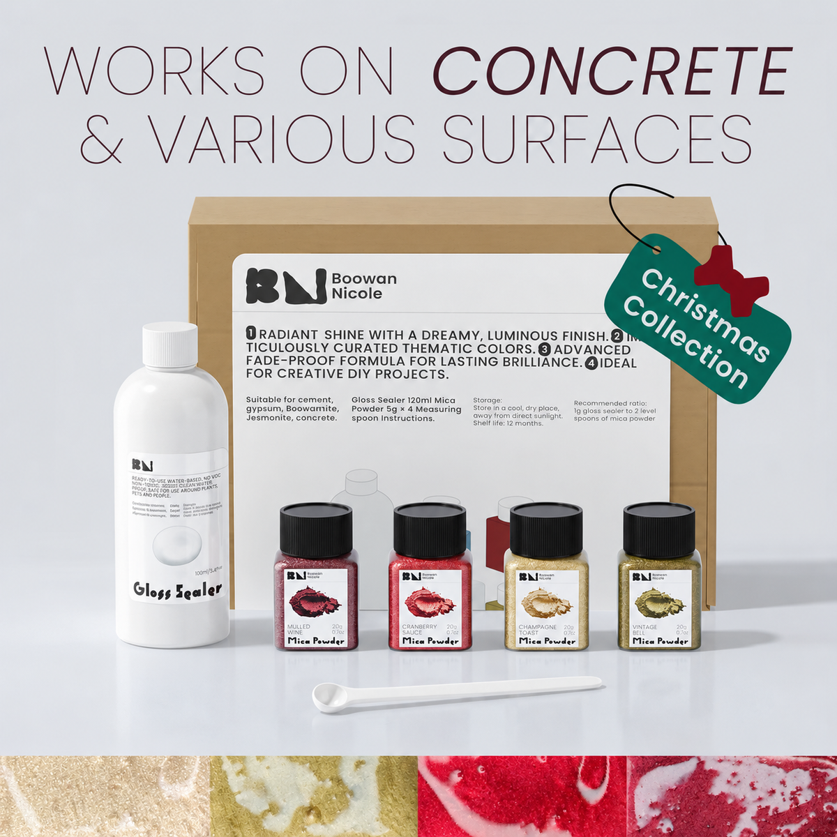 Christmas Collection gloss sealer kit with 4 Vintage Gala mica powders (Mulled Wine, Cranberry, Champagne Toast, Vintage Bell), gloss sealer bottle and measuring spoon, works on concrete and various surfaces - Boowan Nicole