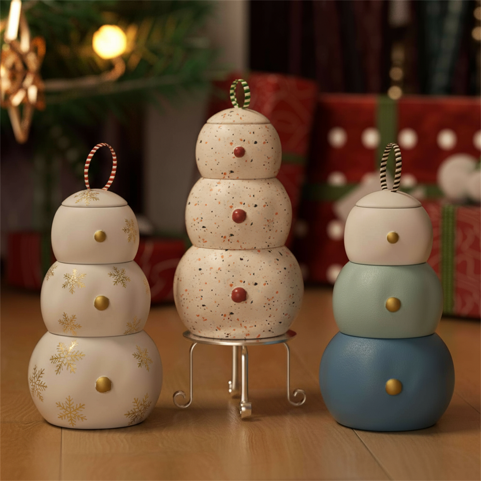 Three stacked snowman candle jars with ring-top lids and button details—white with gold snowflakes, beige speckled, and blue-green gradient—set against wrapped Christmas gifts - Boowan Nicole