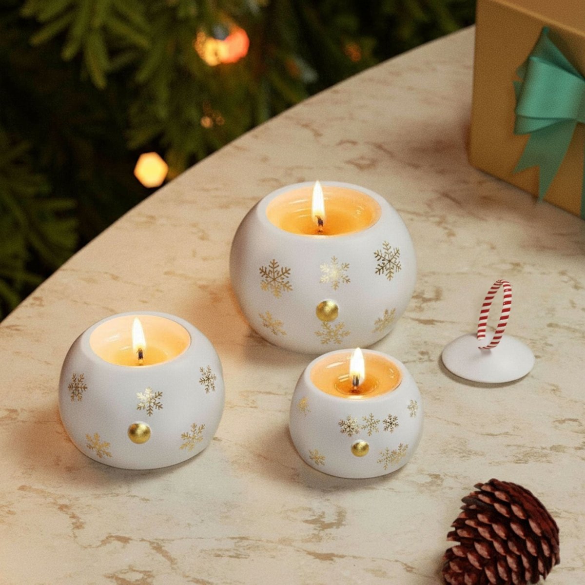 Three lit snowman candle jars—white with gold snowflake prints and button details—on a marble table, with a candy-cane lid and pinecone nearby - Boowan Nicole
