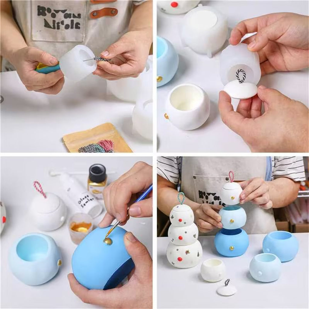 DIY tutorial collage: threading wick through silicone mold, demolding white jars, hand-painting the gold “button,” and stacking three tiers into a snowman candle jar - Boowan Nicole