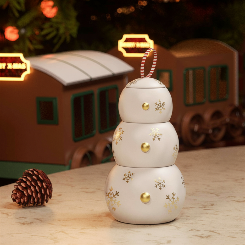 Stacked snowman candle jar with candy-cane loop lid and gold snowflake decals on a marble tabletop; pinecone and toy train in festive background - Boowan Nicole