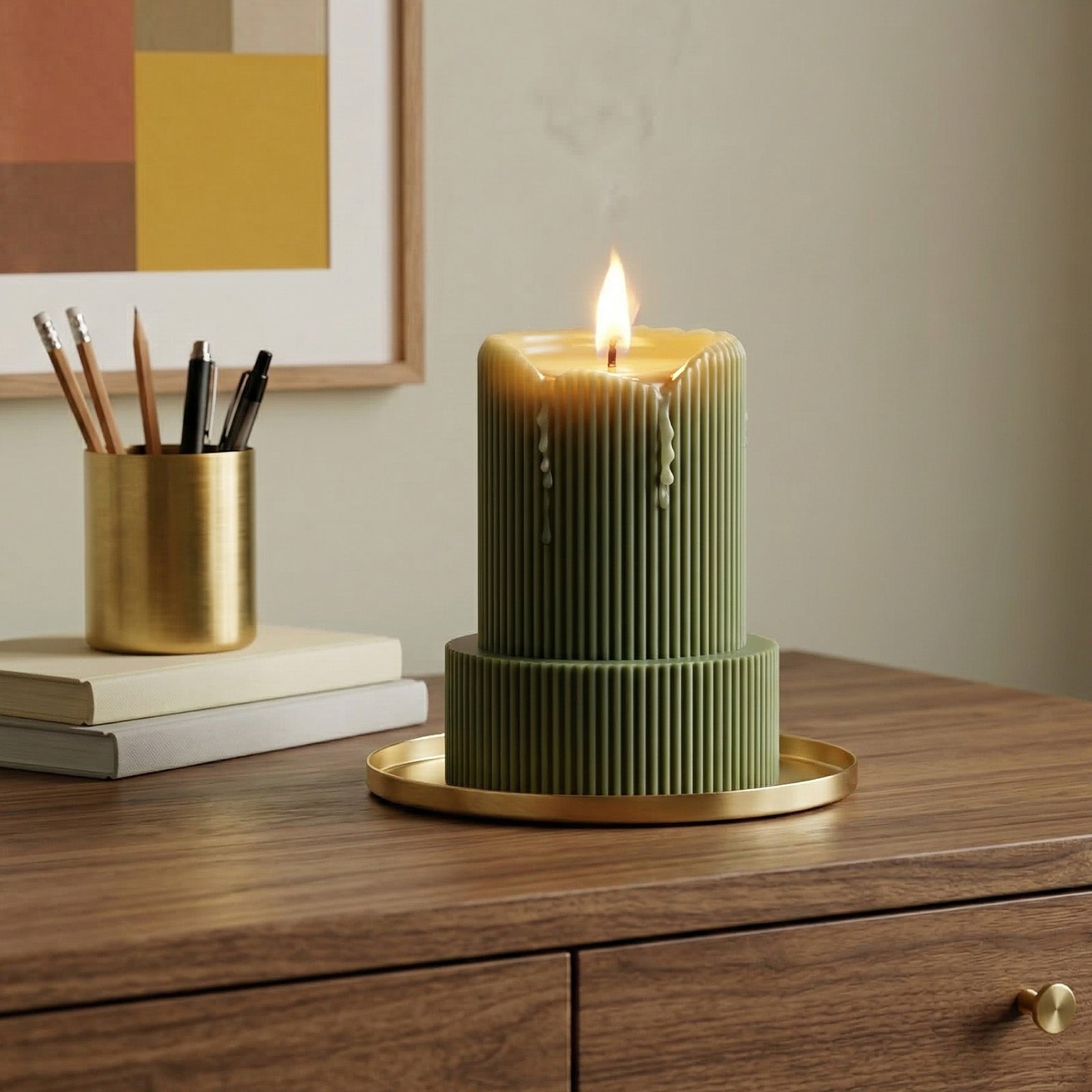 Lit sage green two-tiered ribbed candle on a gold tray, styled with desk accessories and minimalist decor. -Boowan Nicole