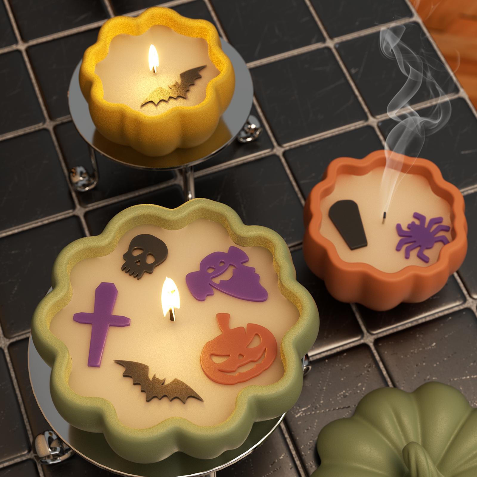 Halloween candles in pumpkin jars with spooky shape embeds – burning and extinguished - Boowan Nicole