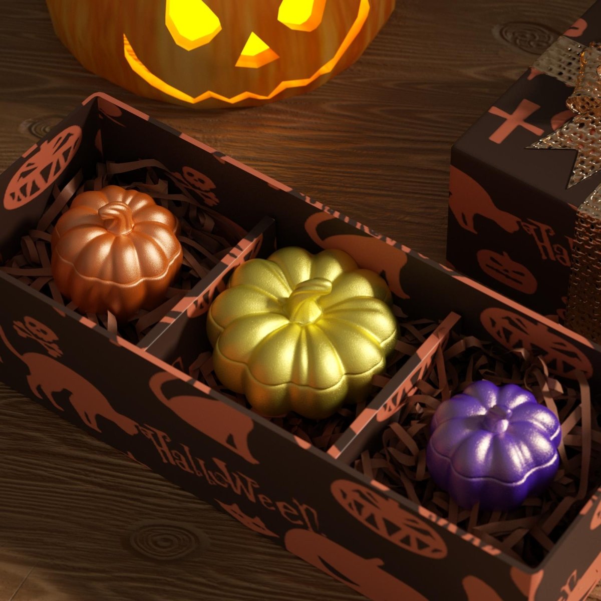 Hand-painted pumpkin candle jars with Halloween-themed mica powder shimmer coating, paired with festive Halloween gift boxes - Boowan Nicole