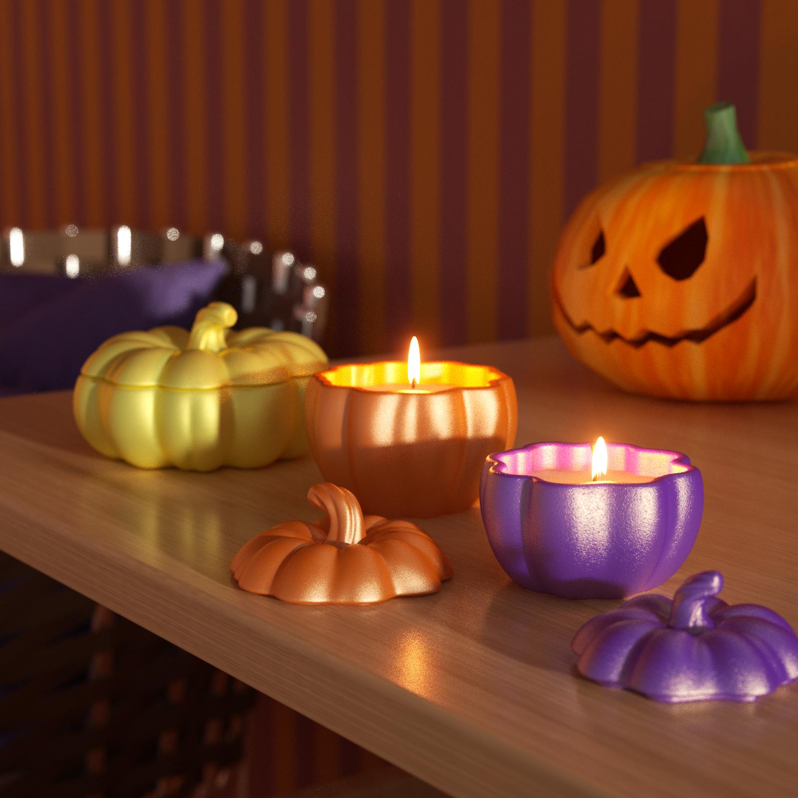 Halloween-themed pumpkin candle jars in gold, orange, and purple shimmer coatings – hand-painted with mica powder, glowing on wooden table with jack-o'-lantern decor - Boowan Nicole