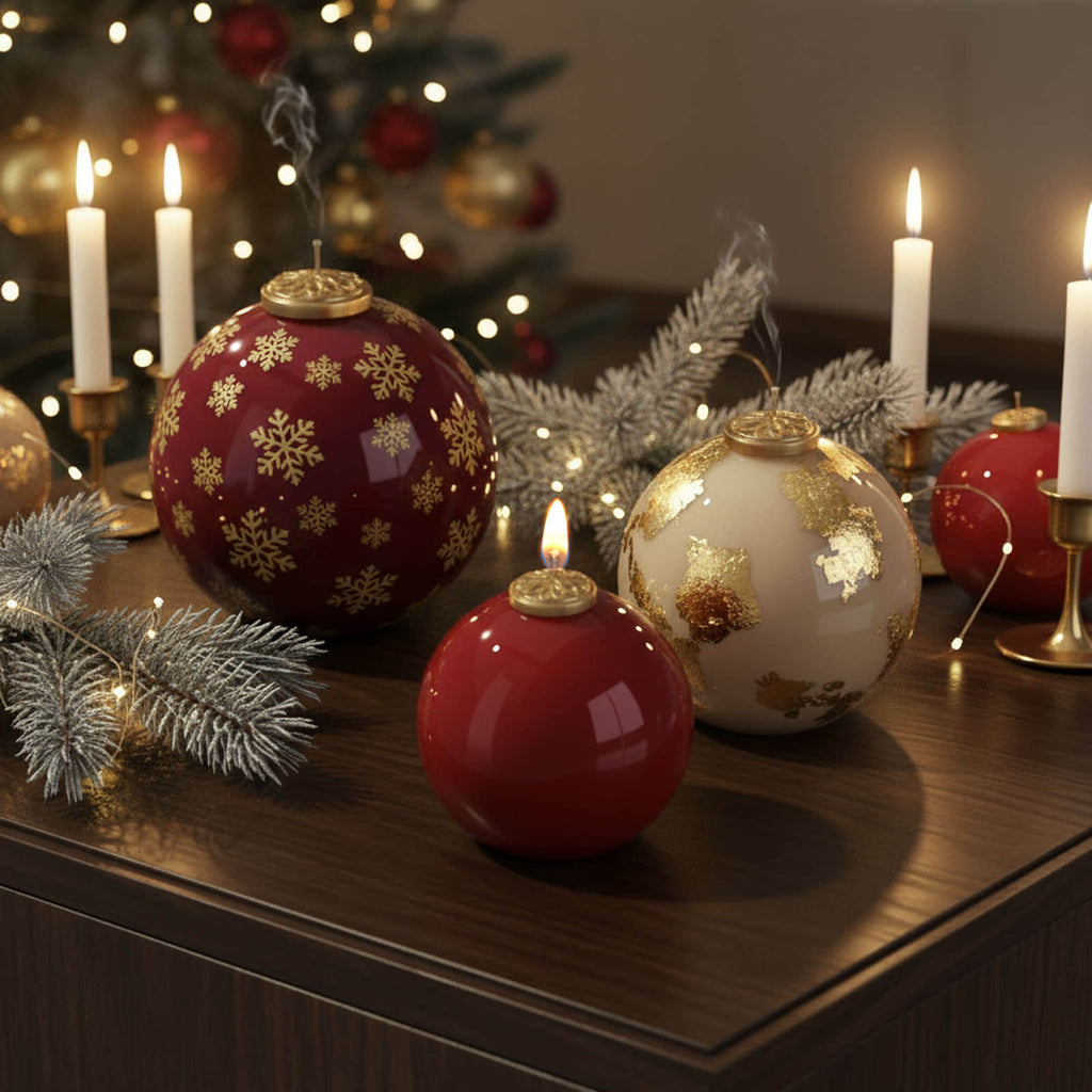 Red and cream bauble candles—solid red, gold-leaf cream, and red with gold snowflakes—gold caps on a wooden table with taper candles and Christmas tree lights - Boowan Nicole
