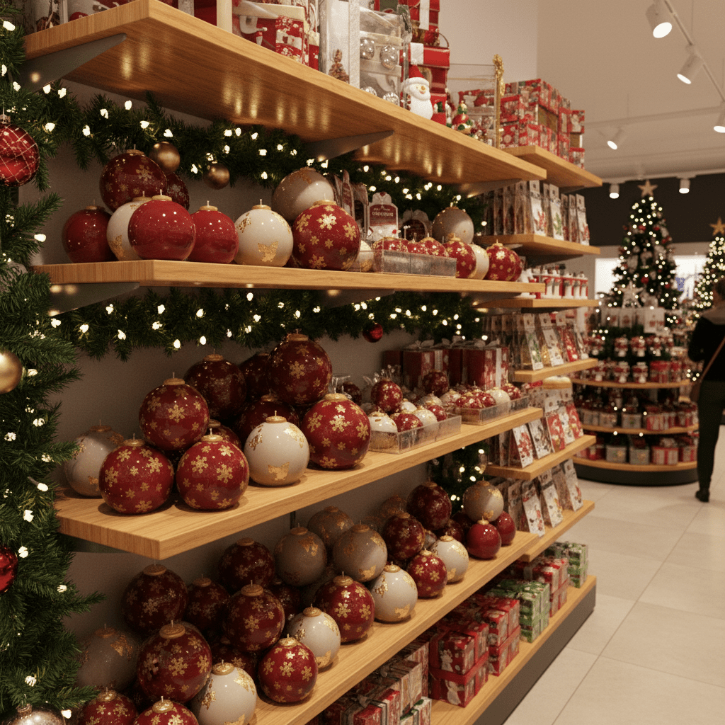 Store display of red and ivory bauble candles with gold snowflakes on wooden shelves, trimmed with garland and string lights for Christmas - Boowan Nicole