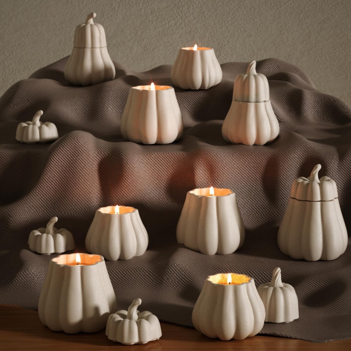 Batch-made white pumpkin candle jars on display table - Boowan Nicole
