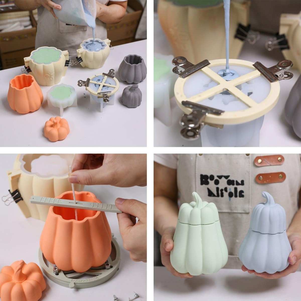 Step-by-step handmade pumpkin candle jar molding process using silicone molds - Boowan Nicole