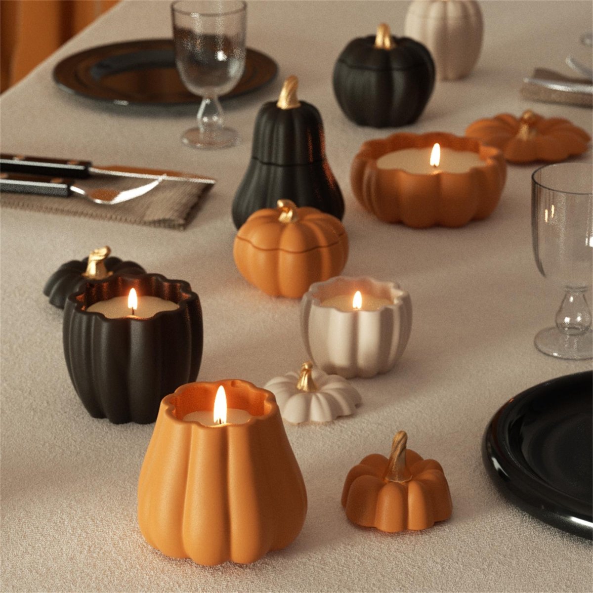 Pumpkin-shaped candles in various Halloween-themed colors arranged on a festive dinner table, creating a cozy autumn atmosphere with warm candlelight - Boowan Nicole
