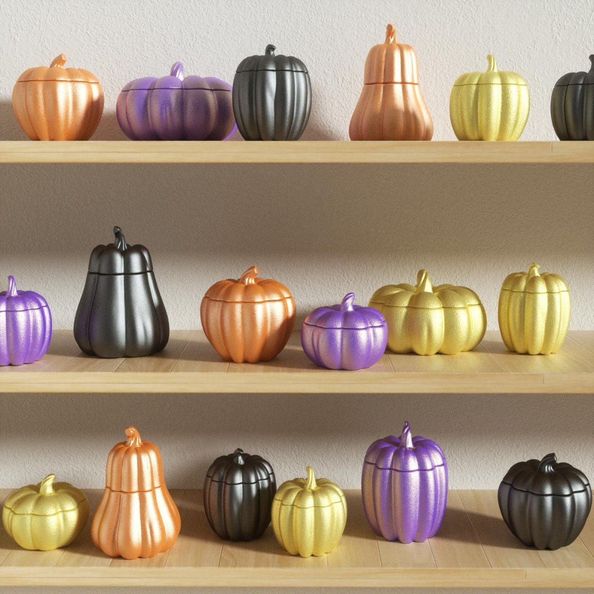 Metallic pumpkin candle jars in Halloween colors on display shelves - Boowan Nicole
