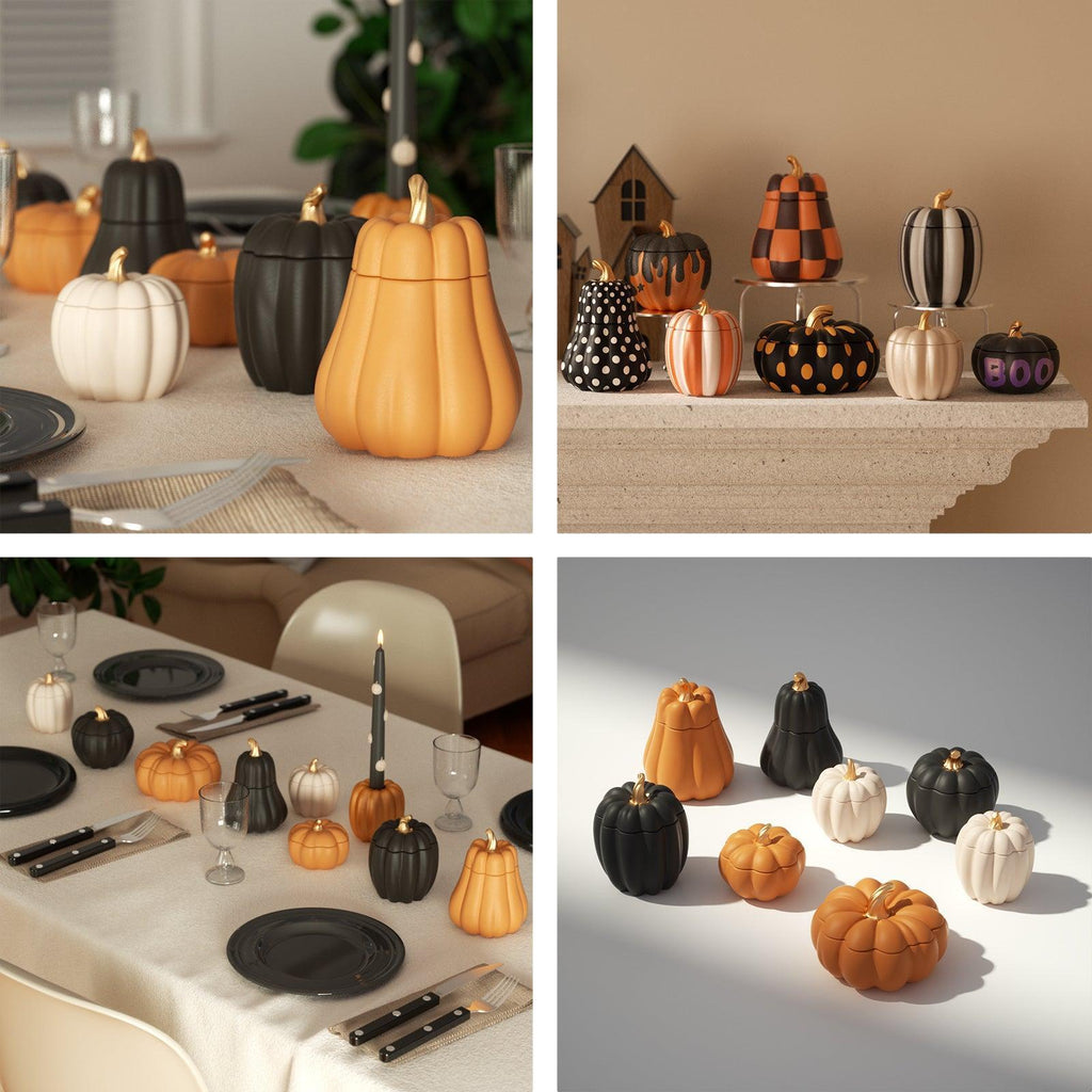 Pumpkin candle jars in Halloween colors and patterns, styled across dining tables, mantel, and studio scenes - Boowan Nicole