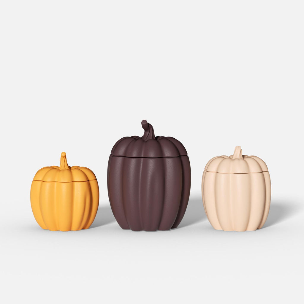 Three fall pumpkin candle jars in yellow, brown, and beige – perfect for Halloween DIY crafts - Boowan Nicole