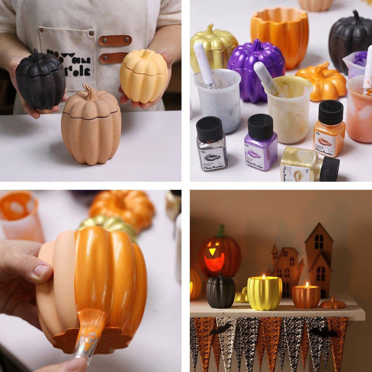 Step-by-step Halloween pumpkin candle jar making – from molded concrete jars to hand-painting with mica powder, finishing with festive home decor setup - Boowan Nicole