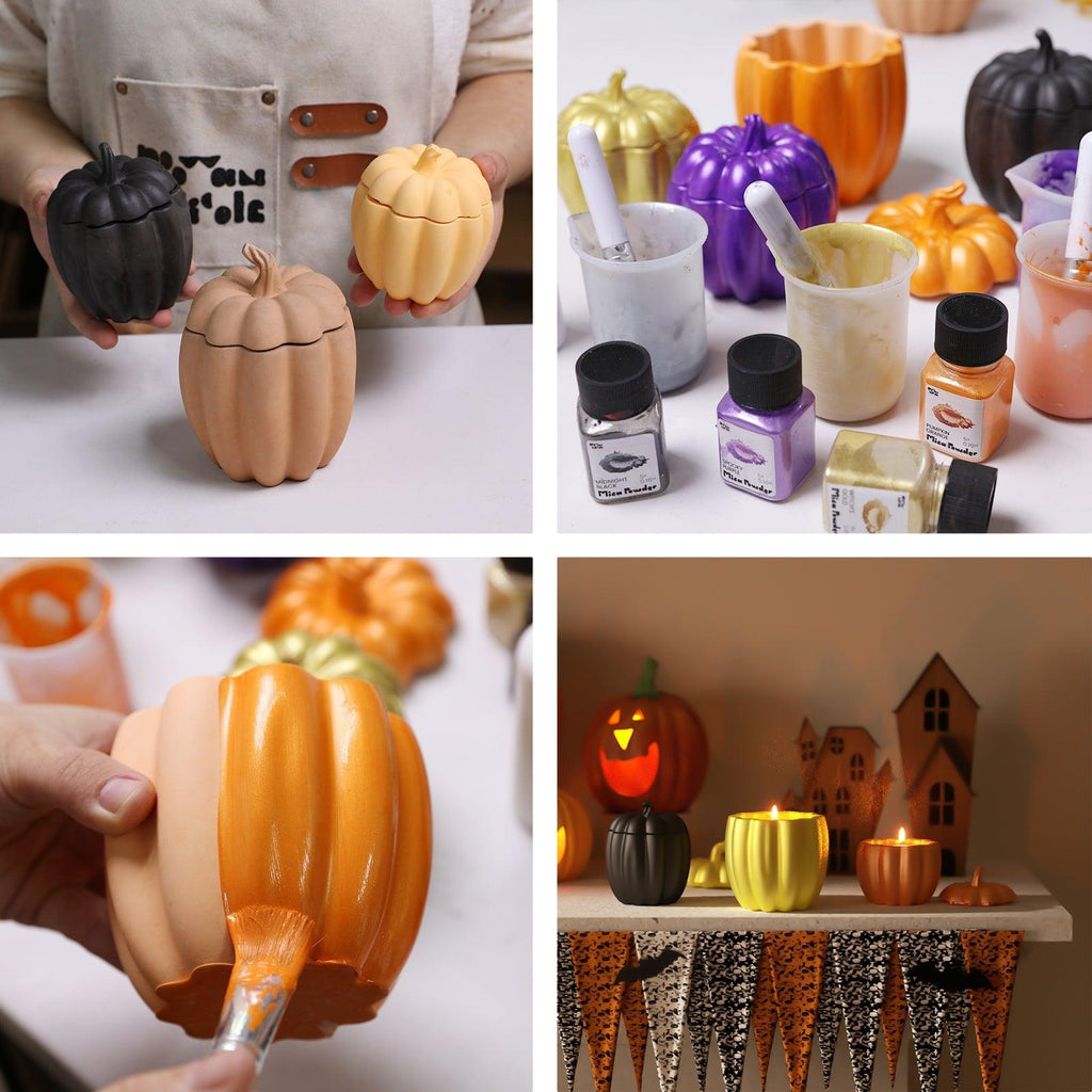 Step-by-step Halloween pumpkin candle jar making – from molded concrete jars to hand-painting with mica powder, finishing with festive home decor setup - Boowan Nicole