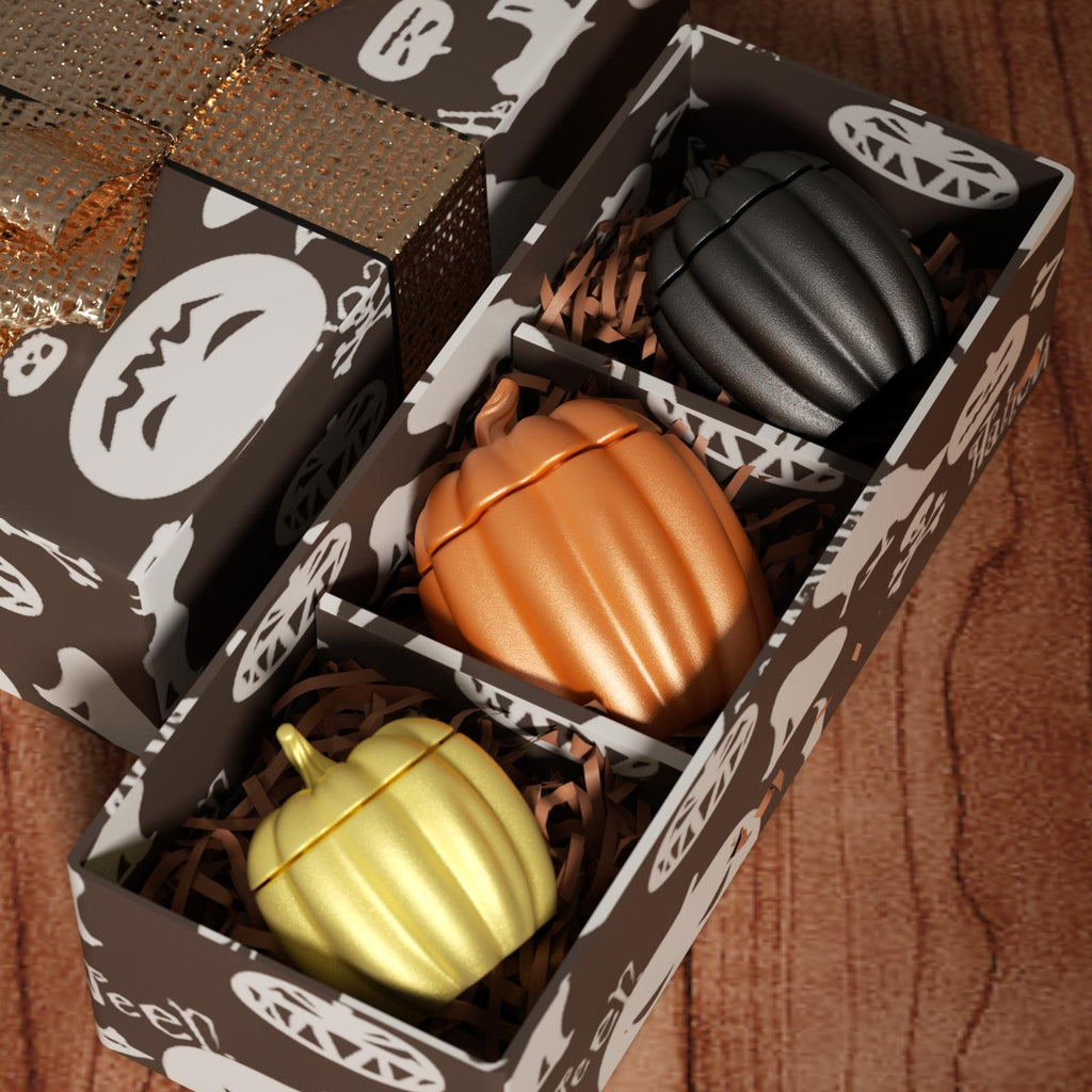 Halloween pumpkin candle gift set – gold, orange, and black jars in festive box - Boowan Nicole