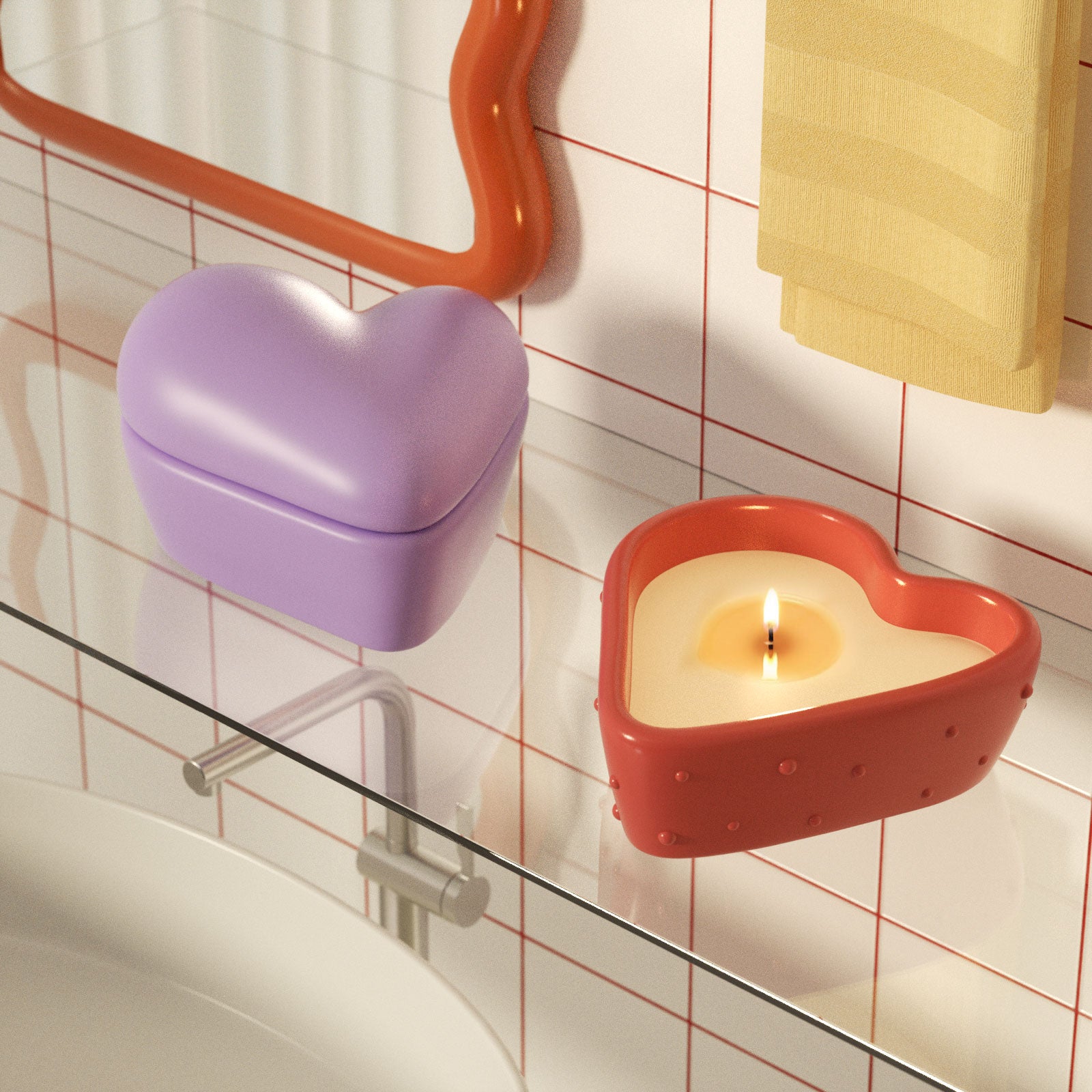 Heart-shaped candle jar burning on a bathroom shelf, with lilac lidded jar beside it - Boowan Nicole