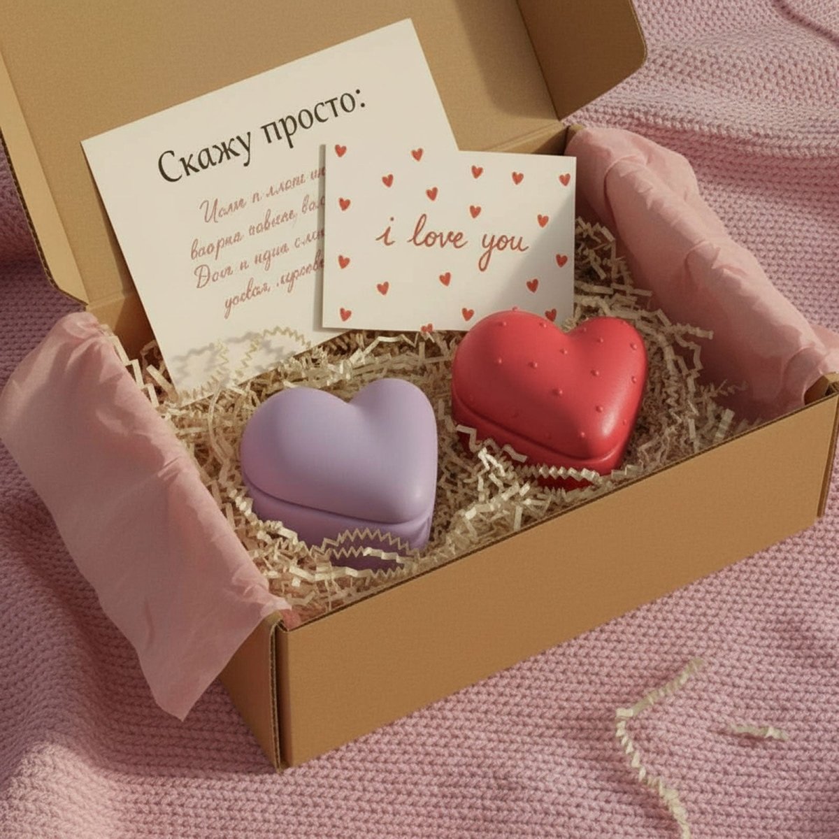 Gift box with lilac smooth and red dotted heart-shaped lidded candle jars and an “I love you” card - Boowan Nicole