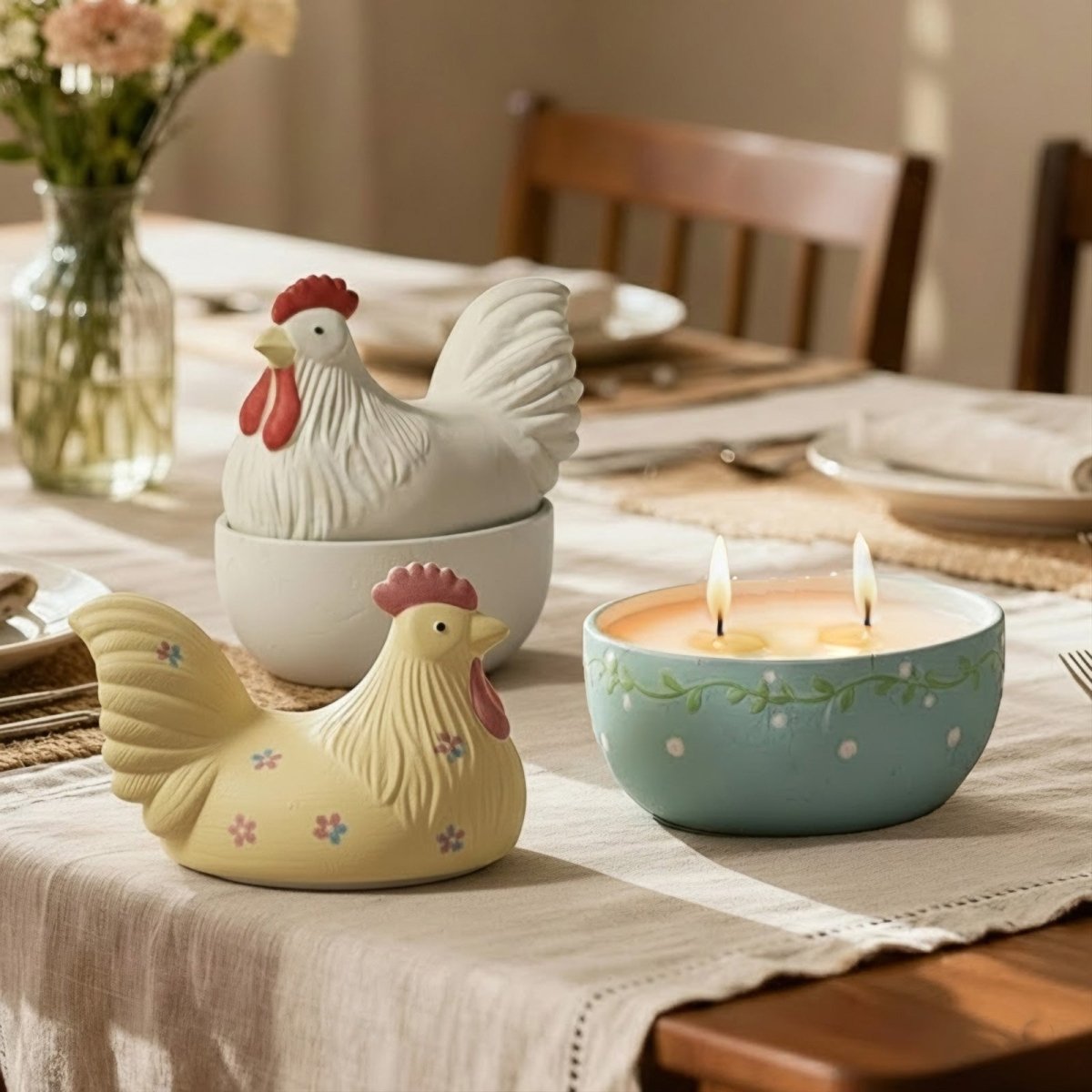 Easter hen-shaped candle jars on a dining table, featuring a white hen jar and a blue floral bowl with a lit double-wick candle - Boowan Nicole