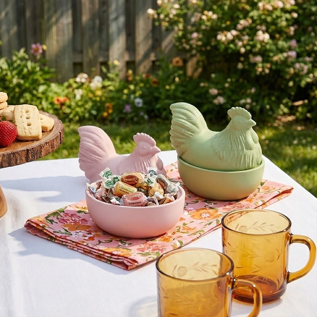 Pastel pink and green hen-shaped storage jars used as candy bowls for an outdoor garden Easter party - Boowan Nicole