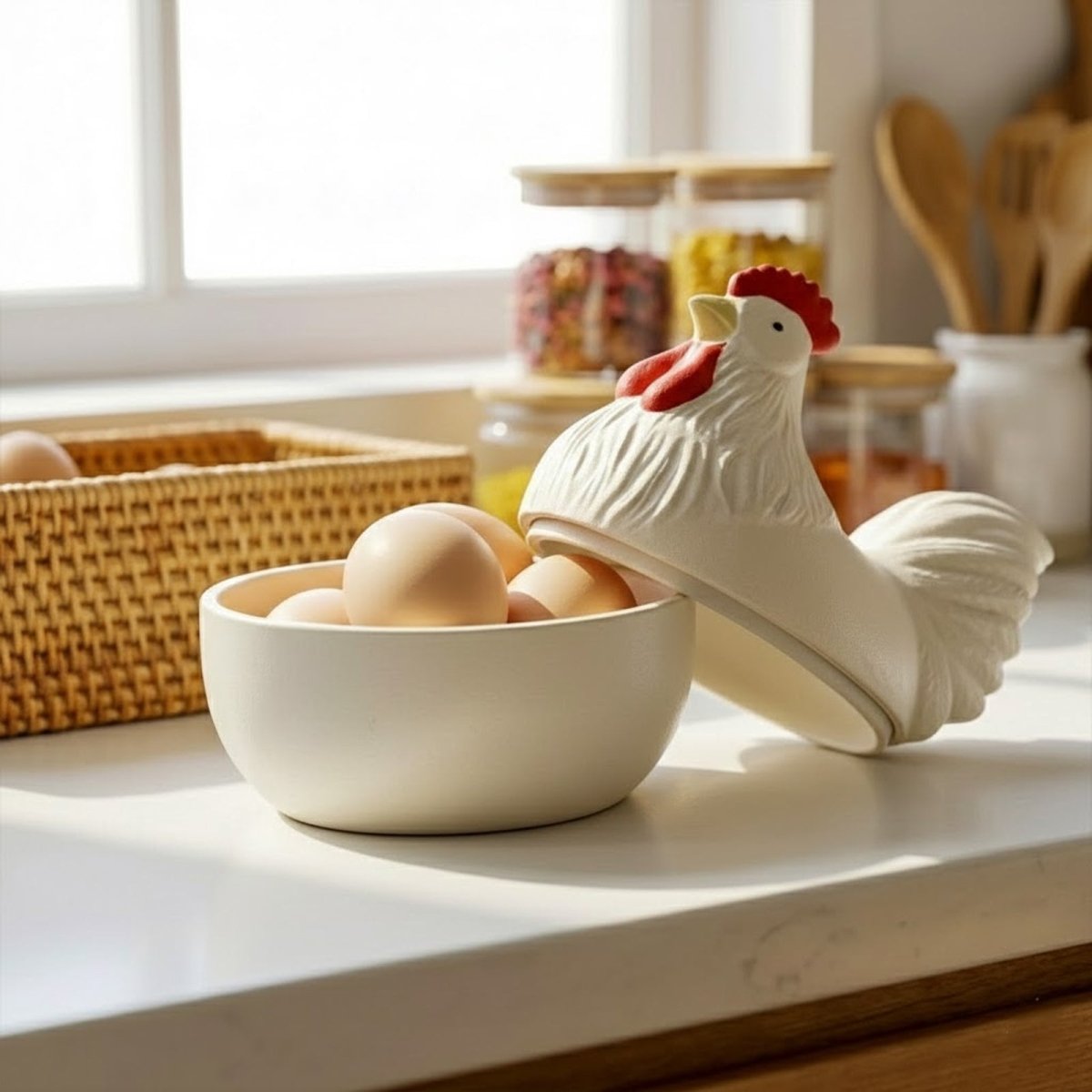 Cream hen-shaped egg storage jar with an open lid revealing fresh brown eggs on a sunlit kitchen countertop - Boowan Nicole
