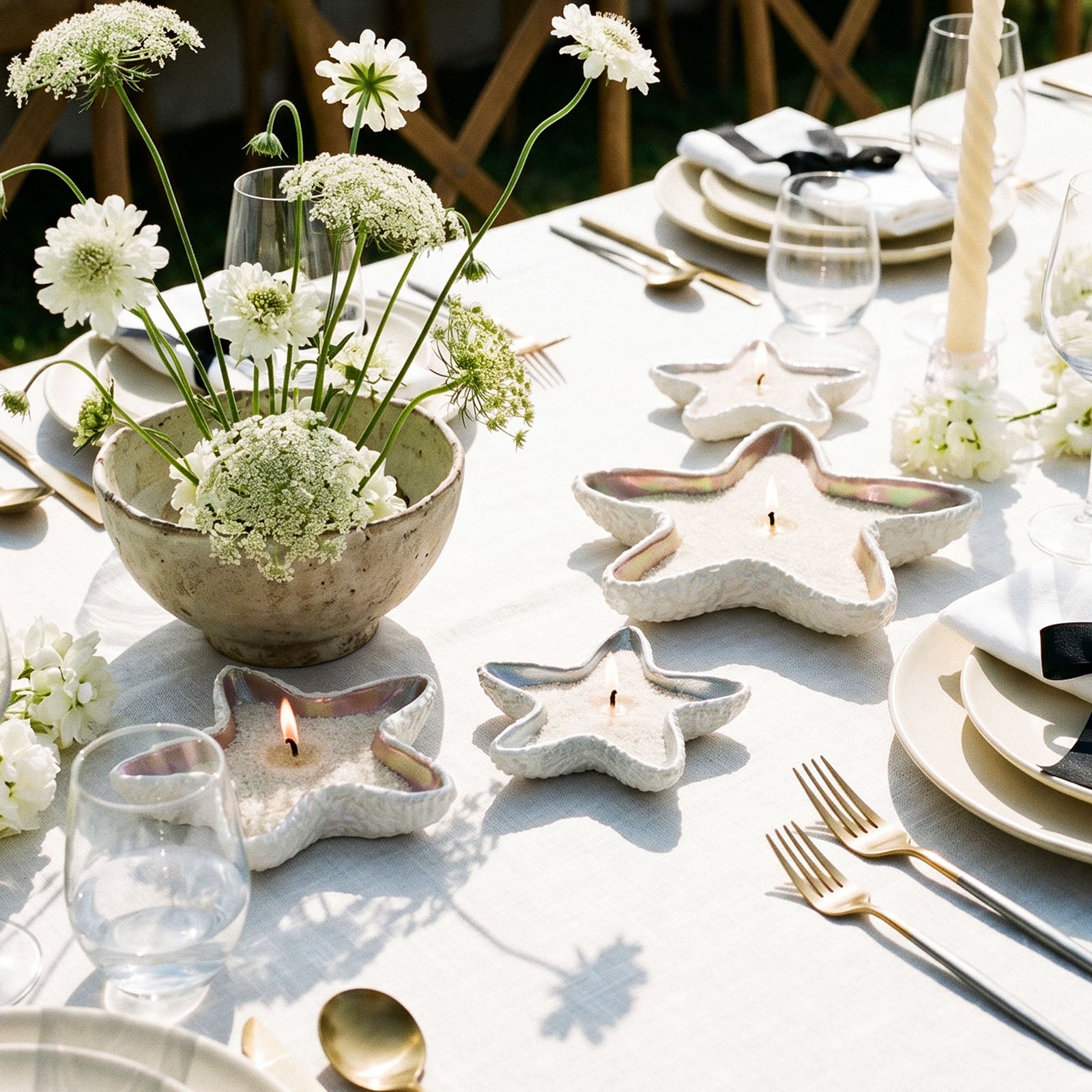 Two Burning Starfish Sand Wax Candles Arranged on Rattan Tray with Coral Ornaments - Boowan Nicole