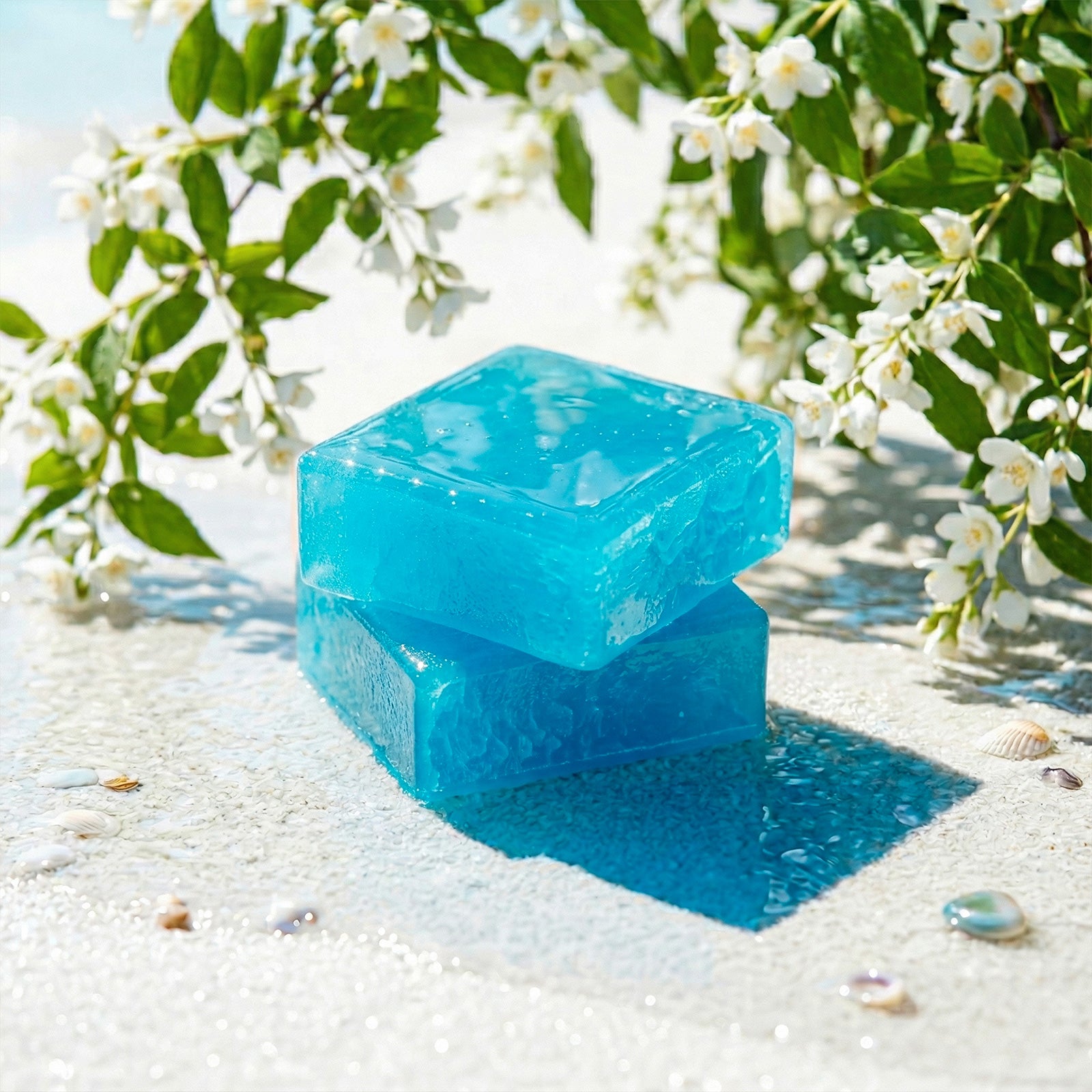 Blue Cologne-Infused Soap Bars on Beach - Boowan Nicole
