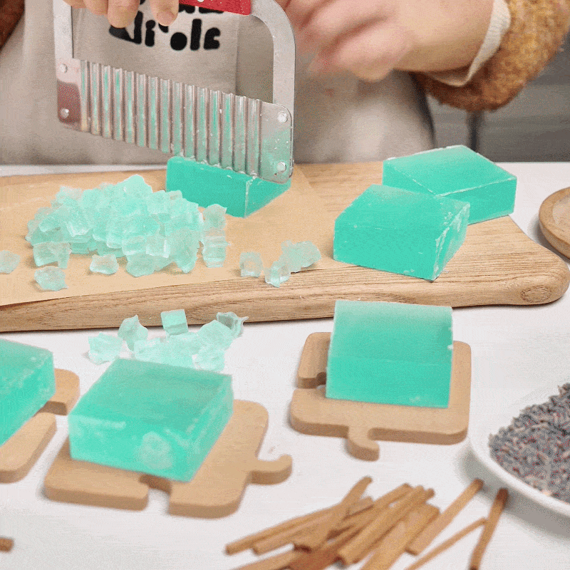Production process display of blue cologne scented soap - Boowan Nicole