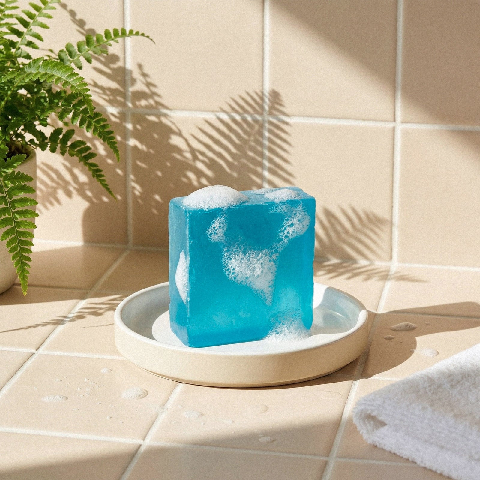 Blue Cologne Soap Bar with Foam in Bathroom - Boowan Nicole