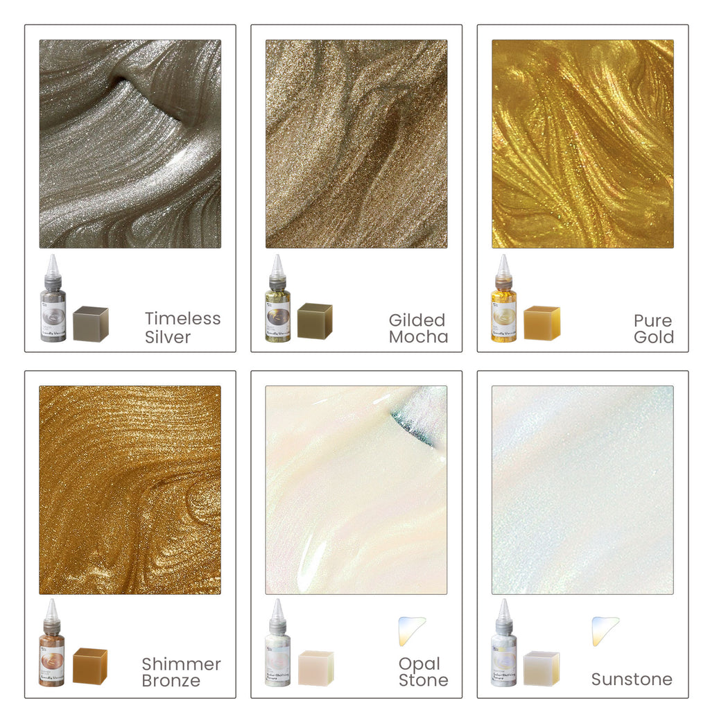 Glossy Candle Varnish Set:Pure Gold & Timeless Silver & Shimmer Bronze & Gilded Mocha & Opal Stone & Sunstone