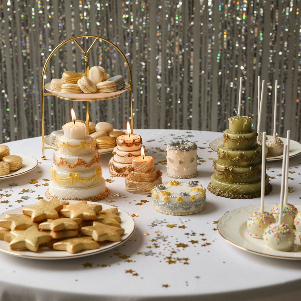 Gold and green tiered cake candles displayed on a white party table with macarons, star cookies and gold confetti backdrop - Boowan Nicole
