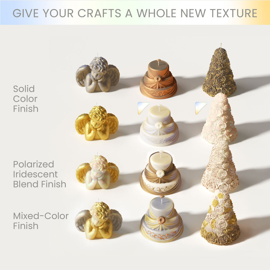 Comparison chart showing angel, cake and rose tree candles in solid color, polarized iridescent blend and mixed-color finishes for DIY crafts - Boowan Nicole