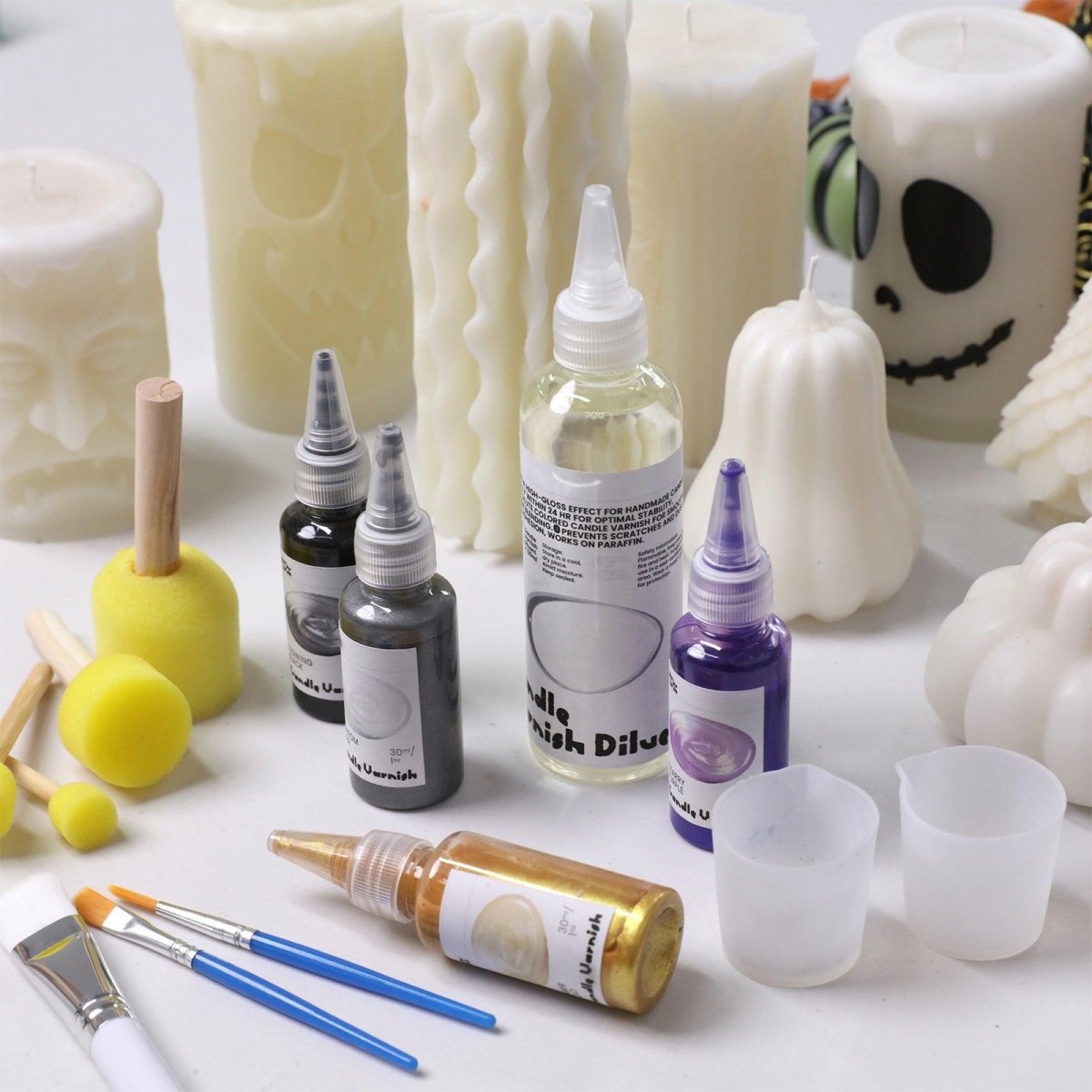 Halloween candle varnish and tool set displayed with brushes, sponges, and unpainted candles—perfect for DIY decoration and small-batch crafting - Boowan Nicole