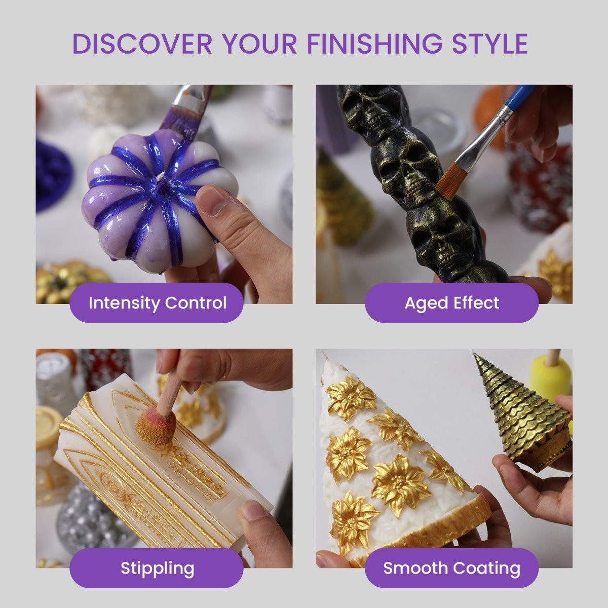 Four candle varnish techniques shown—intensity control, aged effect, stippling, and smooth coating—for customizing your Halloween candle finishes - Boowan Nicole