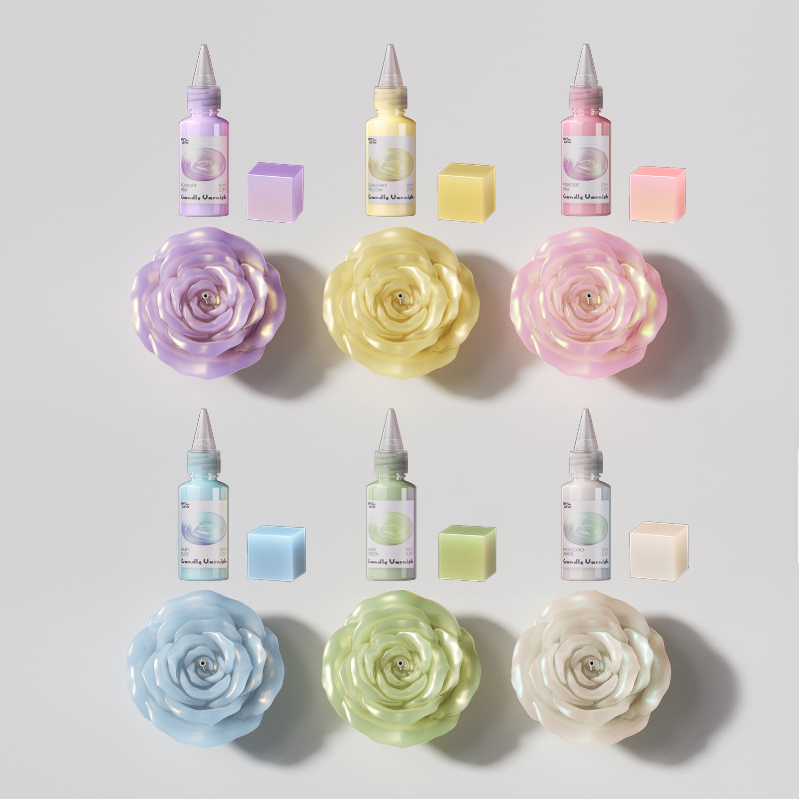 Glossy candle varnish set : Mist Lavender & Sunlight Yellow & Powder Pink & Baby Blue & Sage Green & Pistachio White & Candle Varnish