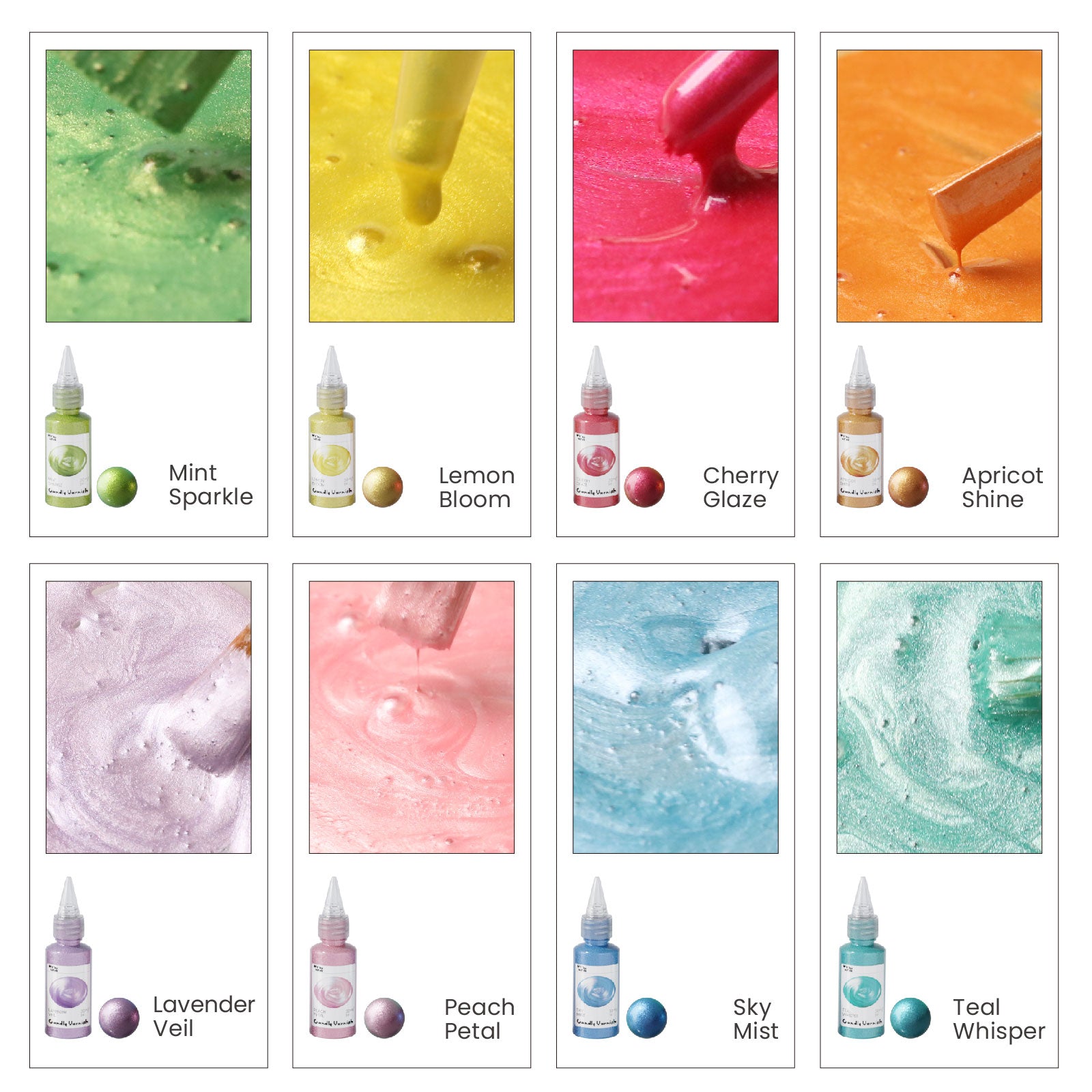 Eight shimmering colored candle varnishes with application swatches and color names -Boowan Nicole