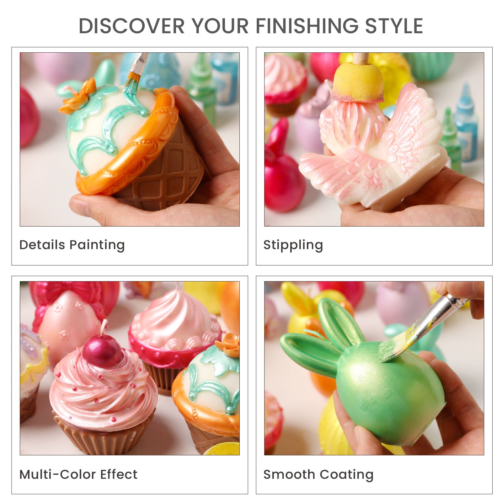 Four finishing techniques: Details Painting, Stippling, Multi-Color Effect, Smooth Coating -Boowan Nicole