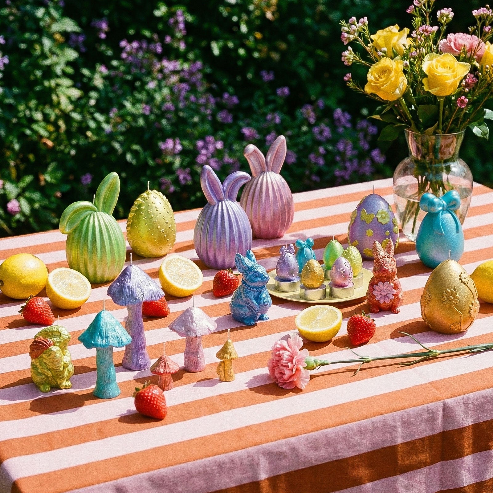 Colorful Easter candle collection displayed on a striped outdoor table with fresh fruits and flowers -Boowan Nicole