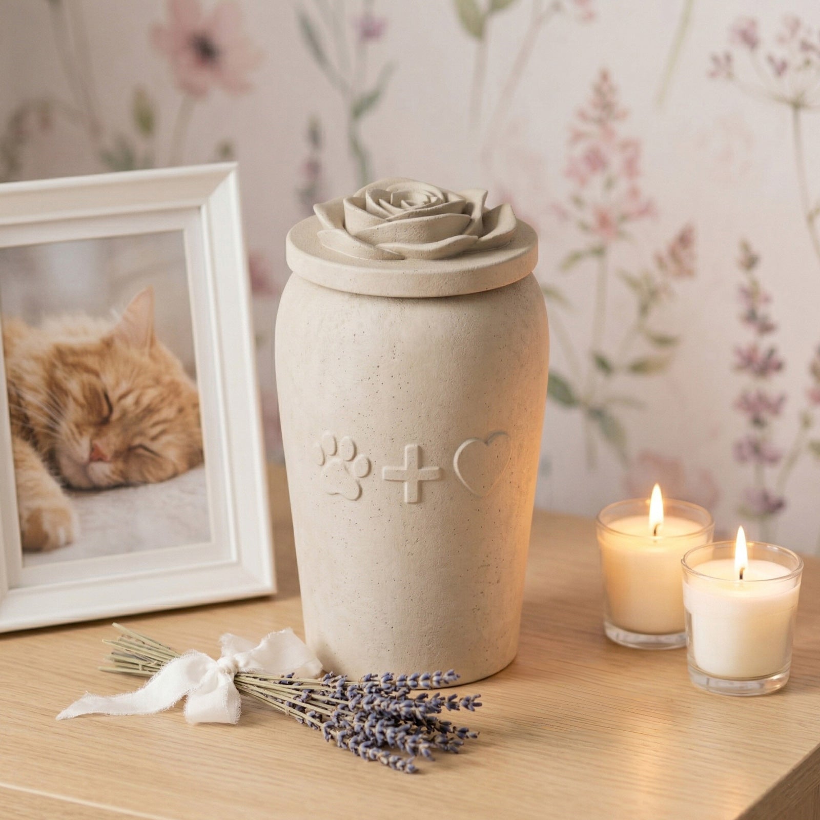 Pet Memorial Urn with Cat Photo & Lavender Decor - Boowan Nicole